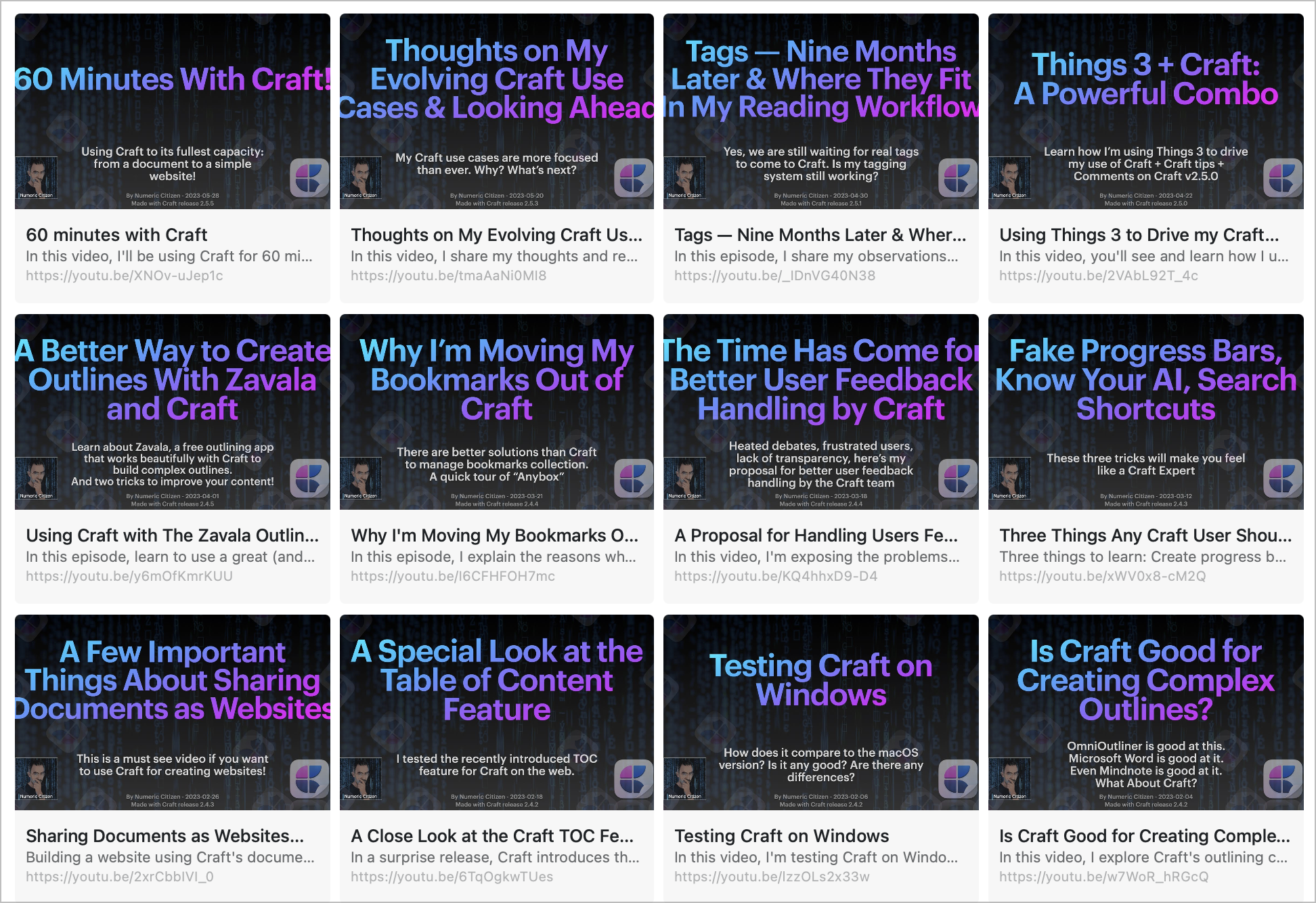 Thumbnails of my produced YouTube videos